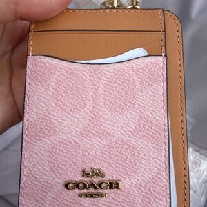 Coach Powder Pink Zip Card Case in Signature Canvas w/Charm and leather trim